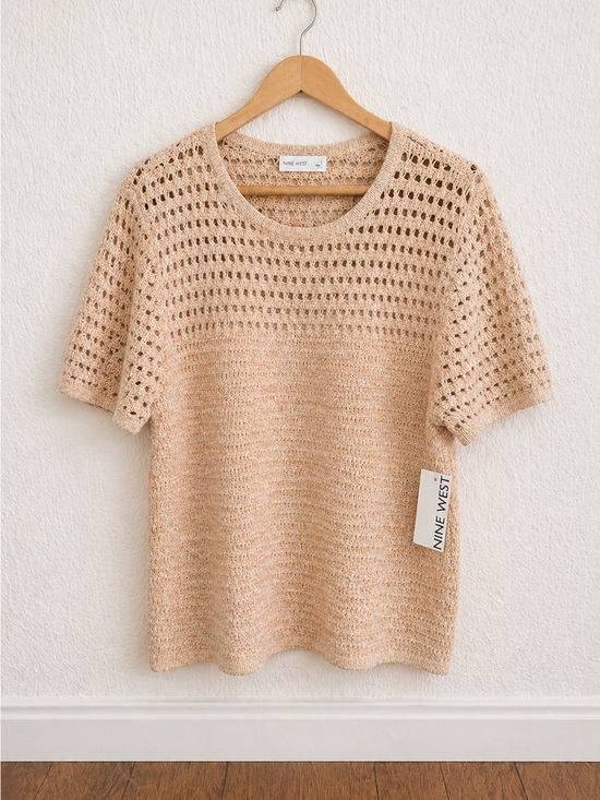 Nine West Tops - NWT Nine West Crochet Knit Top Short Sleeve Neutral Boho Sweater